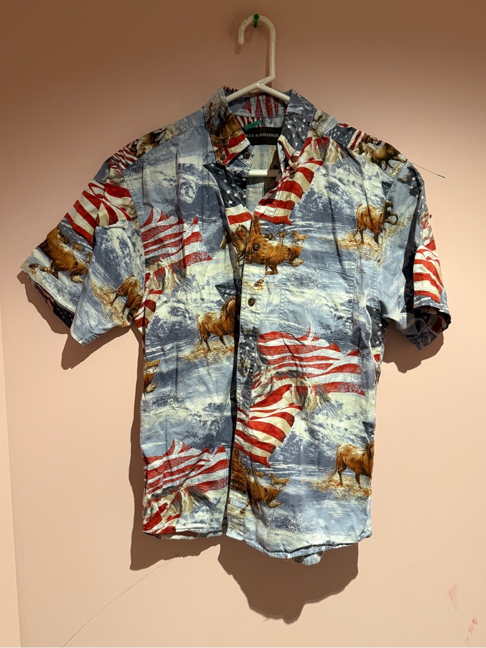 Bit & Bridle Patriotic Mustang Print Short Sleeve Shirt - Blue, Red, White